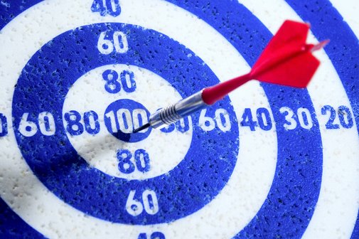 Eine blau-wei&szlig;e Zielscheibe mit aufgedruckten Zahlenwerten zwischen 20 und 100.