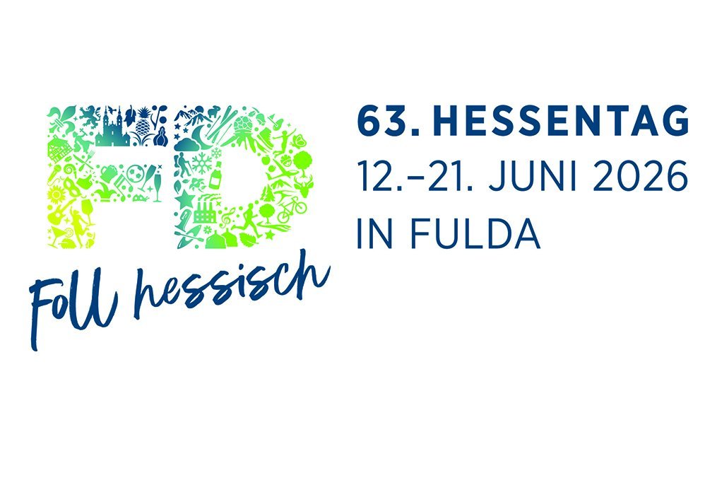 Logo Hessentag 2026 in Fulda Grün-blaues Logo des 63. Hessentags vom 12. bis 21. Juni 2026 in Fulda mit dem Motto "Foll hessisch"
