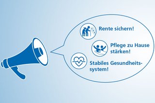 Auf der Grafik ist ein Megafon zu sehen: das in einer Sprechblase die 3 Kernthemen ausruft: "Rente sichern!", "Pflege zu Hause stärken!" und "Stabiles Gesundheitssystem!"