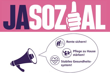 Auf der Grafik ist ein Megafon zu sehen: das in einer Sprechblase die 3 Kernthemen ausruft: "Rente sichern!", "Pflege zu Hause stärken!" und "Stabiles Gesundheitssystem!"