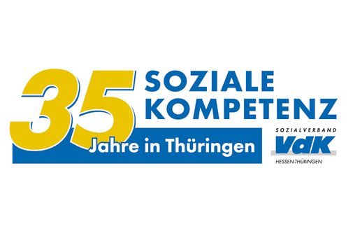 Logo anlässlich des 35-jährigen Jubiläums des VdK in Thüringen: eine große gelbe 35, daneben steht: Soziale Kompetenz in Thüringen