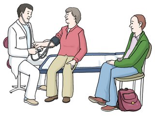 Ein Arzt misst den Blutdruck einer Frau. Eine dritte Person sitzt dabei. Sie ist zur Assistenz mit dabei.