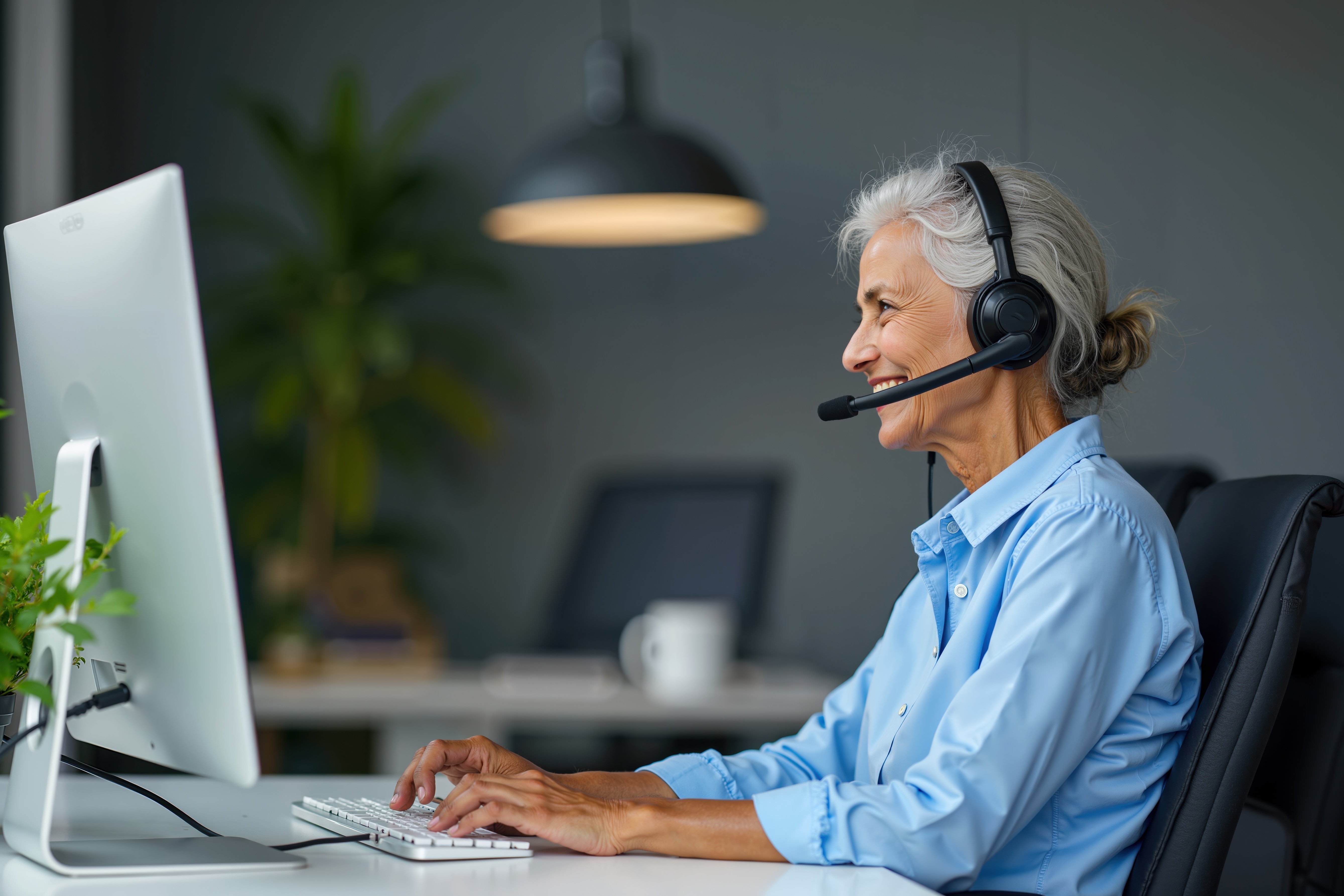 Eine Frau mit grauen Haaren und einem Headset sitzt vor einem Computerbildschirm