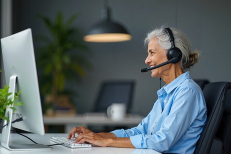 Eine Frau mit grauen Haaren und einem Headset sitzt vor einem Computerbildschirm