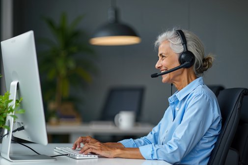 Eine Frau mit grauen Haaren und einem Headset sitzt vor einem Computerbildschirm