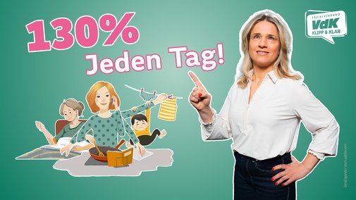 Mutter mit Kindern, Kochtopf, ertrinkt nahezu im Stress. Dazu Verena Bentele, die darauf hinweist, dass Frauen nicht Lifestyle-Teilzeit genie&szlig;en, sondern jeden Tag mehr als 100 Prozent geben. 