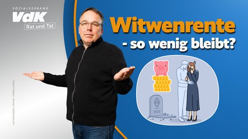 Ein Mann steht vor einer Leinwand und schaut mit zur Seite ausgestreckten Armen ratlos aus. Text im Bild: Witwenrente - so wenig bleibt?