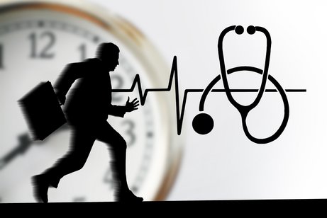 Eine Zeichnung, die zeigt, wie ein Mann mit Aktentasche rennt. Dahinter eine Uhr und daneben ein Stethoskop 