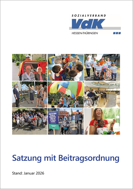 Das Titelbild der Satzung zeigt eine Zusammenstellung von Fotos aus den Aktivit&auml;ten des VdK: von Demontrationen &uuml;ber Ehrungen bis zu Spielaktionen f&uuml;r Kinder.