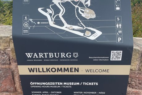 Infotafel, Lageplan und Wegweiser für die Wartburg