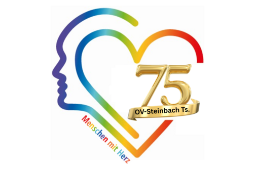 Regenbogenfarbenes Herz, mit einem halben Gesicht darauf. An der linken Seite des Herzes, steht in Regenbogenfarben "Menschen mit Herz" dran. In der Mitte des Herzens ist eine goldene 75. Unter der 75 ist eine kleine Schrift in schwarz: OV-Steinbach Ts.
