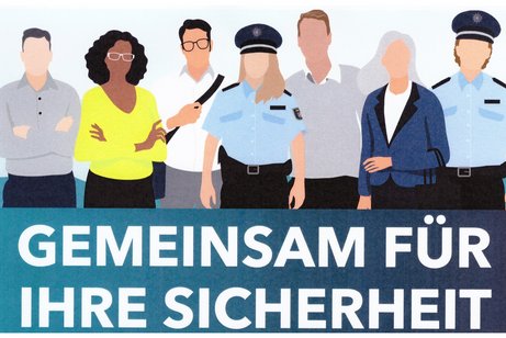 Grafik mit einer Gruppe Menschen unterschiedlichen Geschlechts und Alters; darunter zwei Polizisten