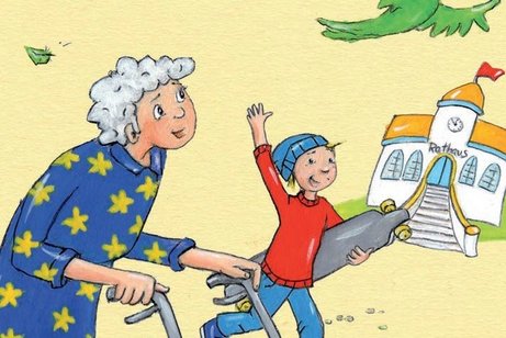 Auf dem Bild ist die Titelseite des Buches K&auml;pt'n Kork fliegt davon zusehen, Tante Irma, Enkel Ben und Papagei K&auml;pt'n Kork fliegend durch die Stadt.