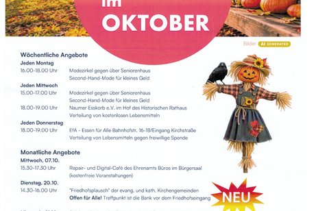 Wöchentliche Angebote Der herbstlich gestaltete Flyer informiert über soziale Angebote in Nauheim im Oktober 2026. Er zeigt verschiedene regelmäßige und neue Angebote für Begegnung, Unterstützung und gemeinschaftliche Aktivitäten.