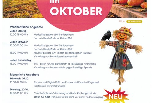 Der herbstlich gestaltete Flyer informiert &uuml;ber soziale Angebote in Nauheim im Oktober 2026. Er zeigt verschiedene regelm&auml;&szlig;ige und neue Angebote f&uuml;r Begegnung, Unterst&uuml;tzung und gemeinschaftliche Aktivit&auml;ten.