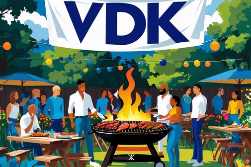 Es ist ein Grillfest in einen Garten abgebildet