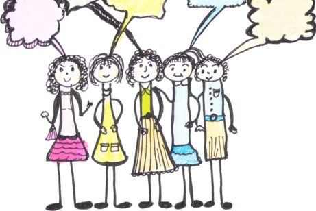 Eine Zeichnung von 5 Frauen. Sie stehen nebeneinander, schauen den Betrachter direkt an und reden. Die Sprechblasen über ihnen sind leer.