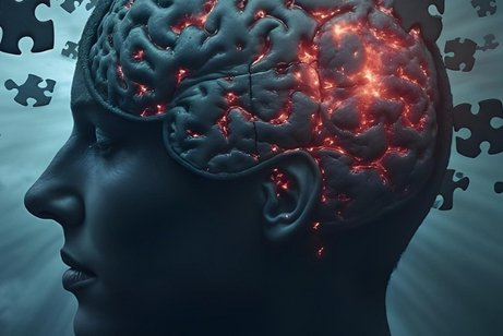 Ein menschlicher Kopf (KI generiert) dessen Gehirn sichtbar ist. Darin sind rote Blitze zu sehen und Puzzlest&uuml;cke bilden die Sch&auml;deldecke.