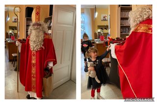 Der Nikolaus besuchte ebenfalls die Veranstaltung und brachte den Teilnehmerinnen und Teilnehmern ein kleines Präsent, erhielt aber auch selbst von einem Kindergartenkind ein Bild geschenkt.