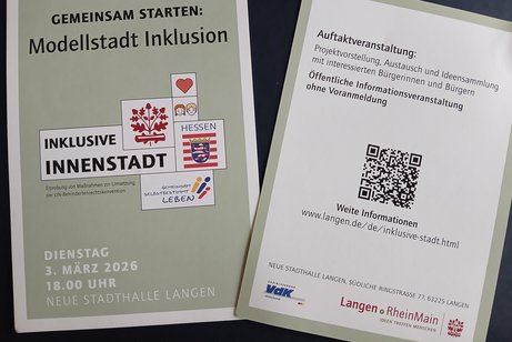 Das Bild zeigt die Vorder und R&uuml;ckseite des Plakates zur Veranstaltung am 03.03.2026 der Stadt Langen
