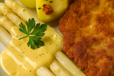 Gericht mit Schnitzel, wei&szlig;em Spargel, Petersilienkartoffeln