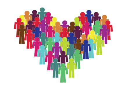 Symbolische Zeichnungen von Menschen in allen Farben bilden zusammen ein Herz.