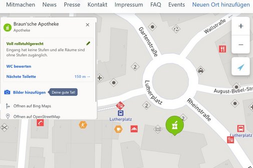 Das Bild zeigt einen Ausschnitt aus der wheelmap.org von Langen am Lutherplatz