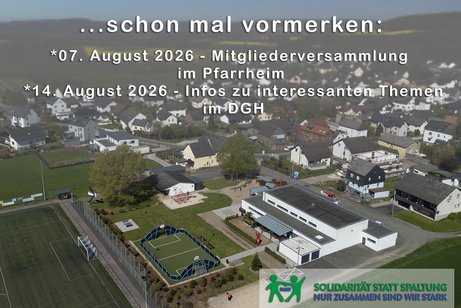 Das Bild zeigt eine Aufnahme von Oberweyer. Der Text auf dem Bild: ...schon mal vormerken: *07. August 2026 - Mitgliederversammlung im Pfarrheim *14. August 2026 - Info im DGH