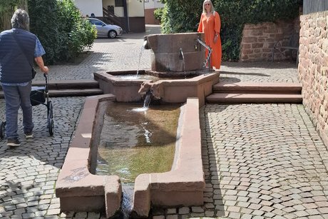 Ein Brunne aus Sendstein, in dem das Wasser in zwei Kaskaden herunterfliest.