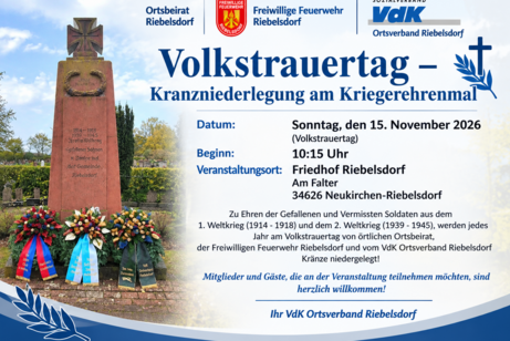 Volkstrauertag mit Kranzniederlegung am Kriegerehrenmal! Das Bild zeigt den Zusatztext mit Hinweis auf die Veranstaltung!