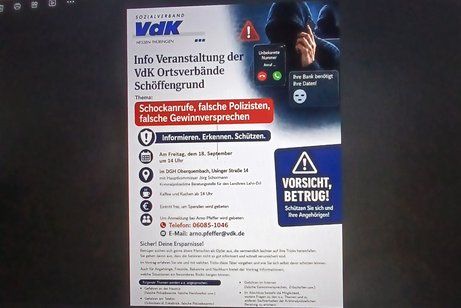 Plakat mit Hinweisen zum Vortrag Vorsicht Betrug
