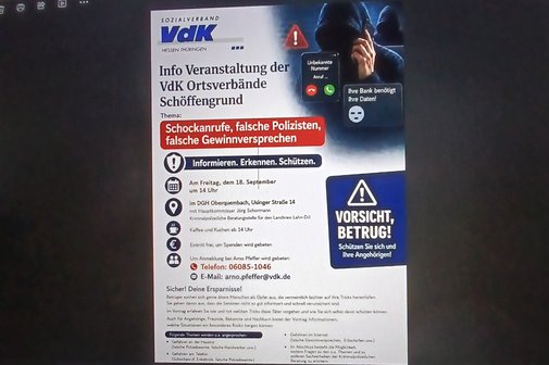 Plakat mit Hinweisen zum Vortrag Vorsicht Betrug