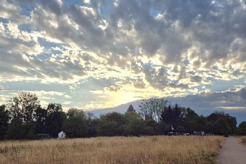Blick vom Sportplatz in die grüne Mitte eine große weite Fläche mit einem weg an der rechten Seite am Himmel sind Wolken durch die die Sonne scheint