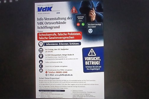 Plakat mit hinweisen zum Vortrag Vorsicht Betrug