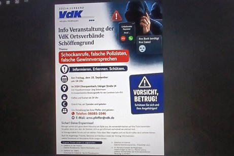 Plakat mit hinweisen zum Vortrag Vorsicht Betrug