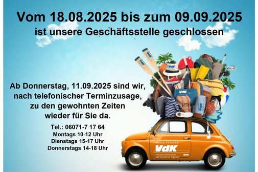 Bild, Urlaub des KV Dieburg vom 18.08. bis 09.09.2025 , ab den 11.09.2025 sind wir, für unsere Mitglieder, wie zu den gewohnten Zeiten erreichbar.