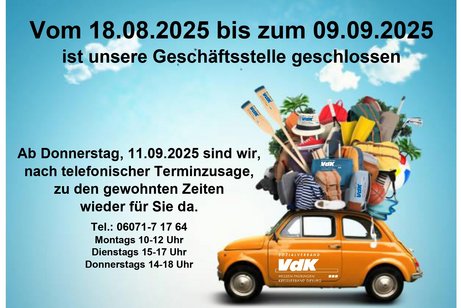 Bild, Urlaub des KV Dieburg vom 18.08. bis 09.09.2025 , ab den 11.09.2025 sind wir, für unsere Mitglieder, wie zu den gewohnten Zeiten erreichbar.