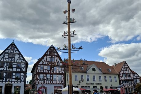 Der Marktplatz mit Kopfsteinpflaster. Dort sind St&auml;nde wie bei einem Flohmarkt. Im Hintergrund Fachwerkh&auml;user.