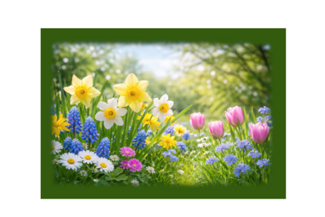 verschiedene blumen stehen im vordergrund, narzissen, tulpen etc.