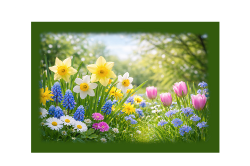 verschiedene blumen stehen im vordergrund, narzissen, tulpen etc.