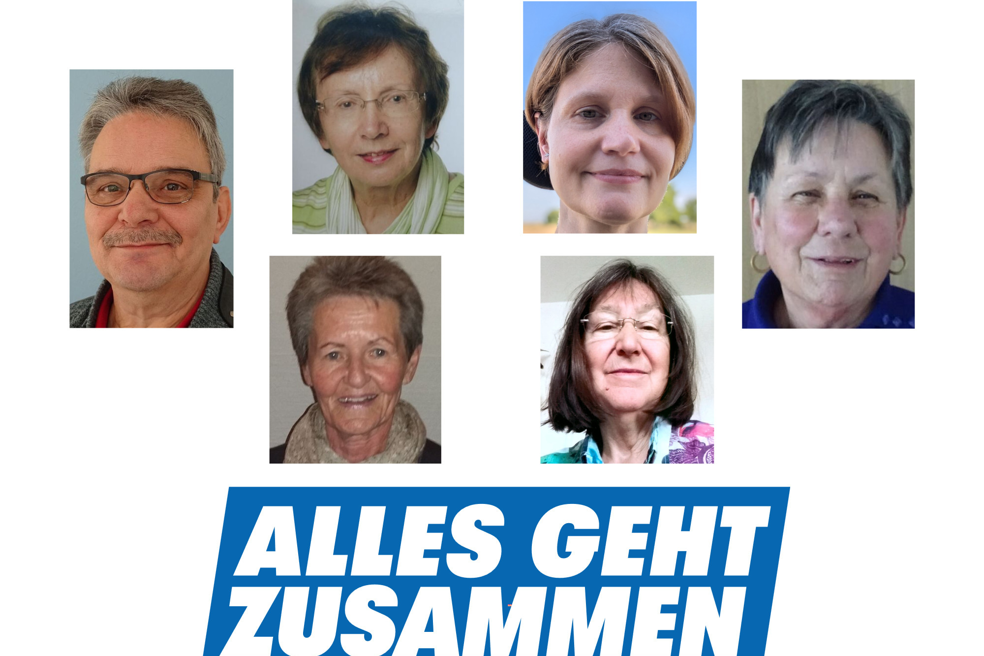 Zusammengestellte Fotos des Vorstands der VdK-Ortsverband Steinbach. Darunter die Aufschrift zur aktuellen Kampagne des VdK: "Alles geht zusammen"