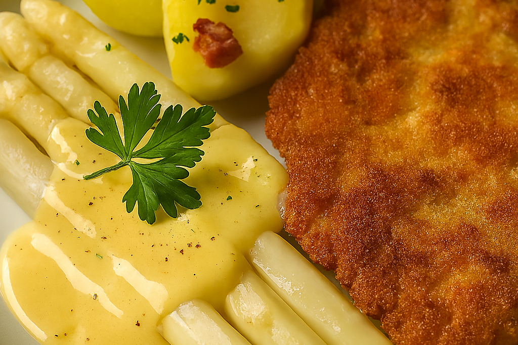Gericht mit Schnitzel, weißem Spargel, Petersilienkartoffeln