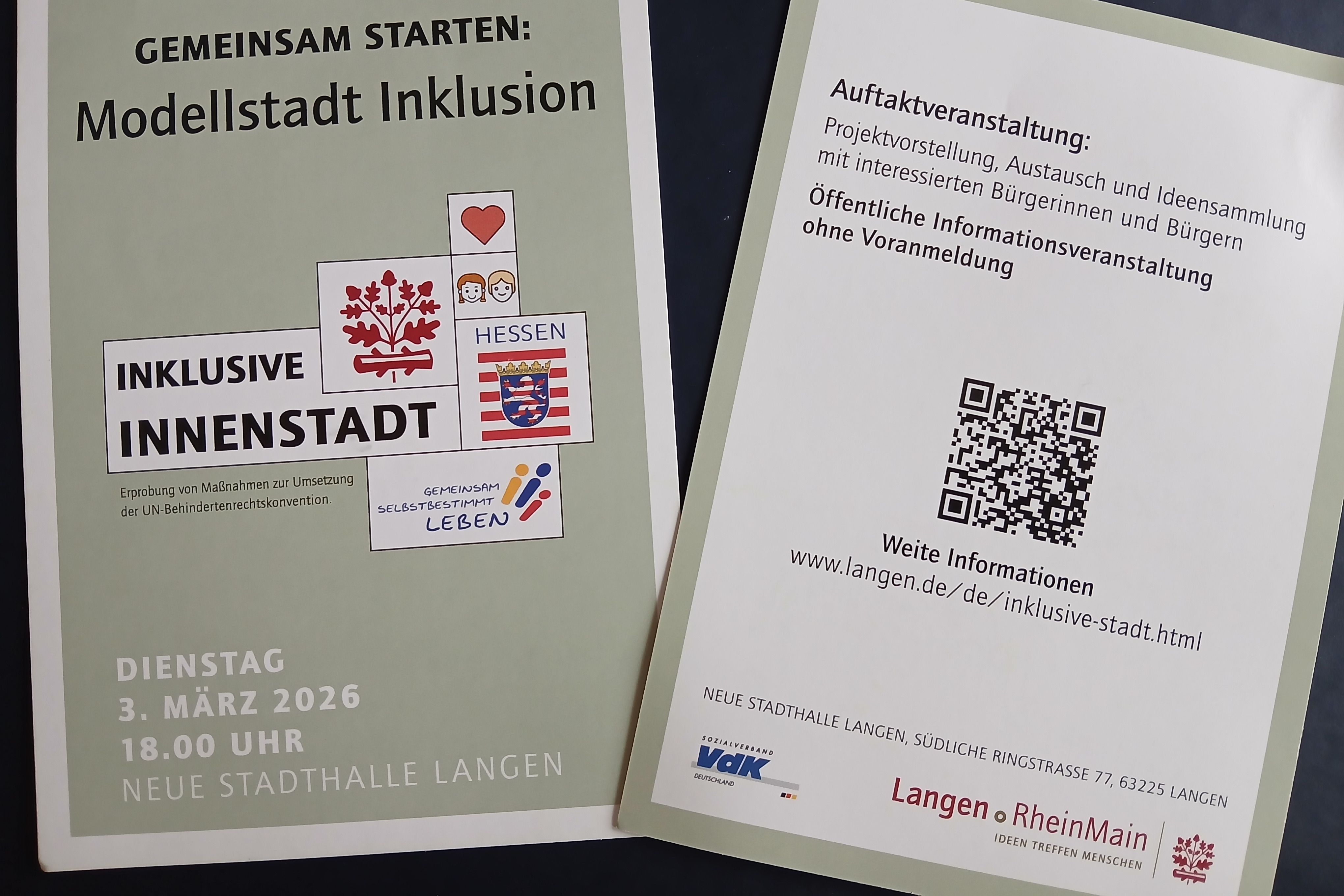 Plakat Modelstadt Inklusion der Stadt Langen Das Bild zeigt die Vorder und Rückseite des Plakates zur Veranstaltung am 03.03.2026 der Stadt Langen