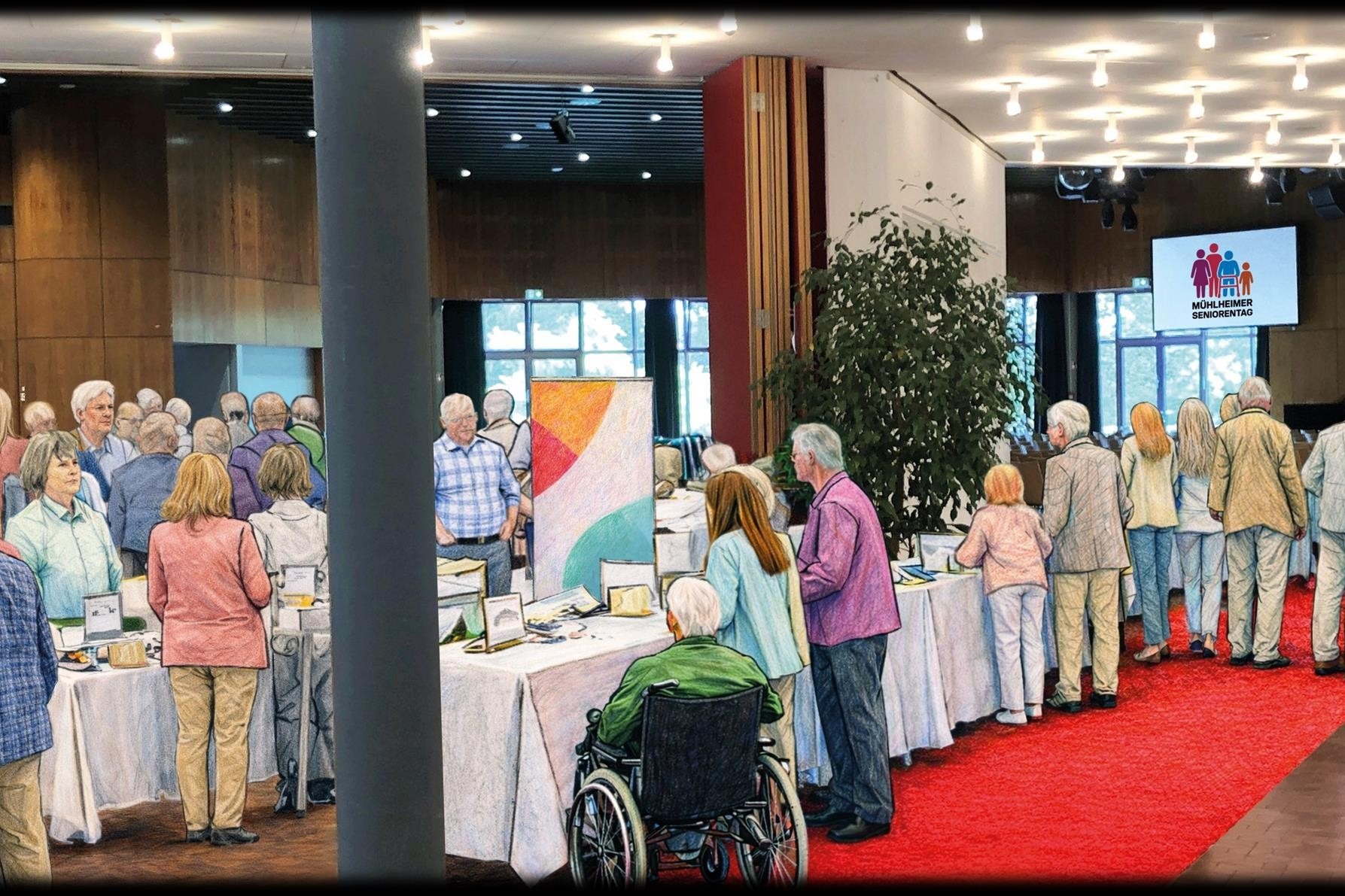 1. Seniorentag Mühlheim Auf dem Bild ist ein Künstlich erzeugter Raum mit Personen und Infoständen zu sehen, der Besucher zum ersten Seniorentag zeigt..