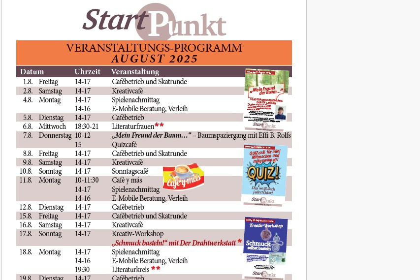 Programm August 2025 Das Bild zeigt einen Auszug aus dem August Programm vom Start Punkt