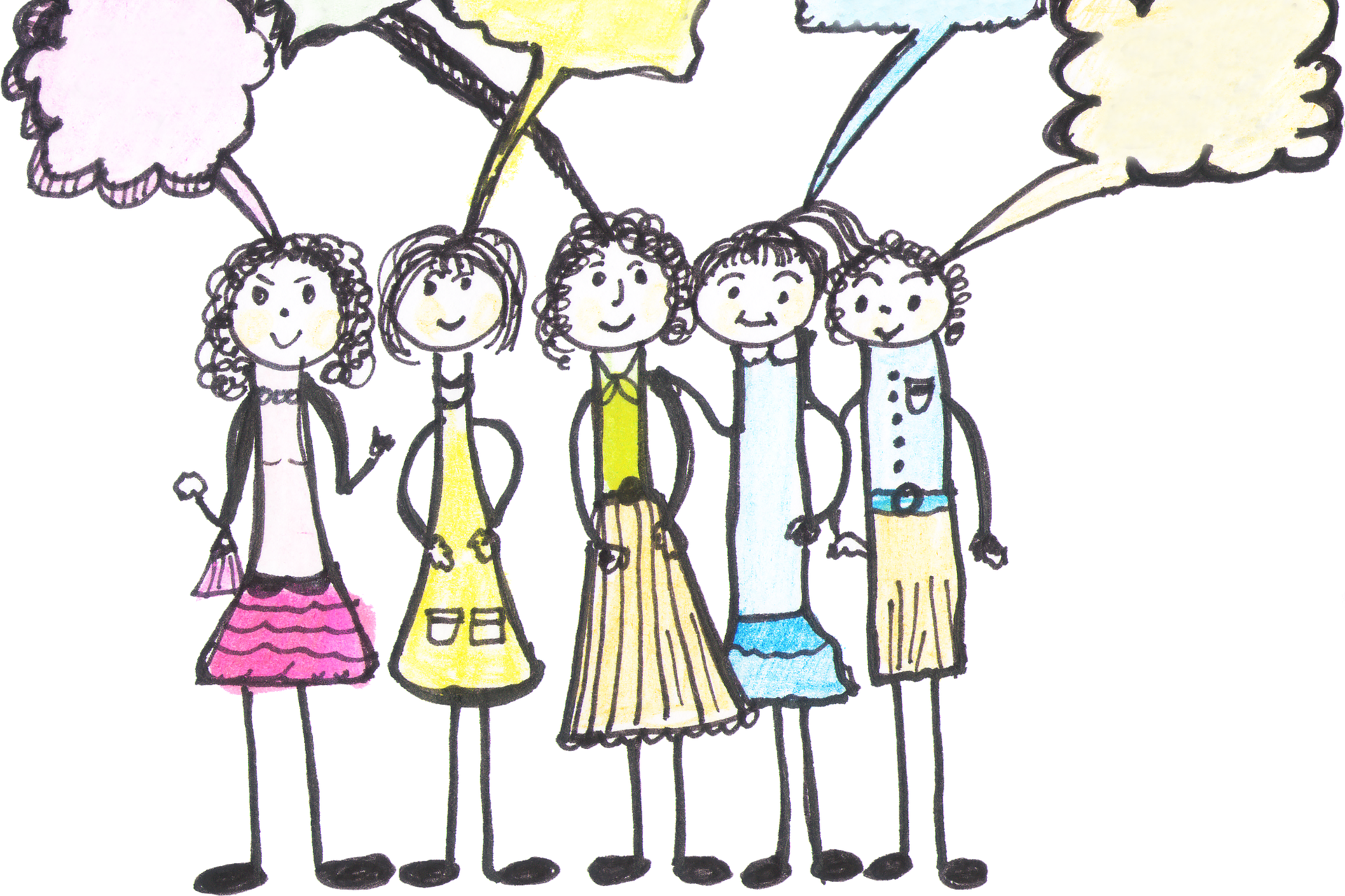 Frauenstammtisch Eine Zeichnung von 5 Frauen. Sie stehen nebeneinander, schauen den Betrachter direkt an und reden. Die Sprechblasen über ihnen sind leer.