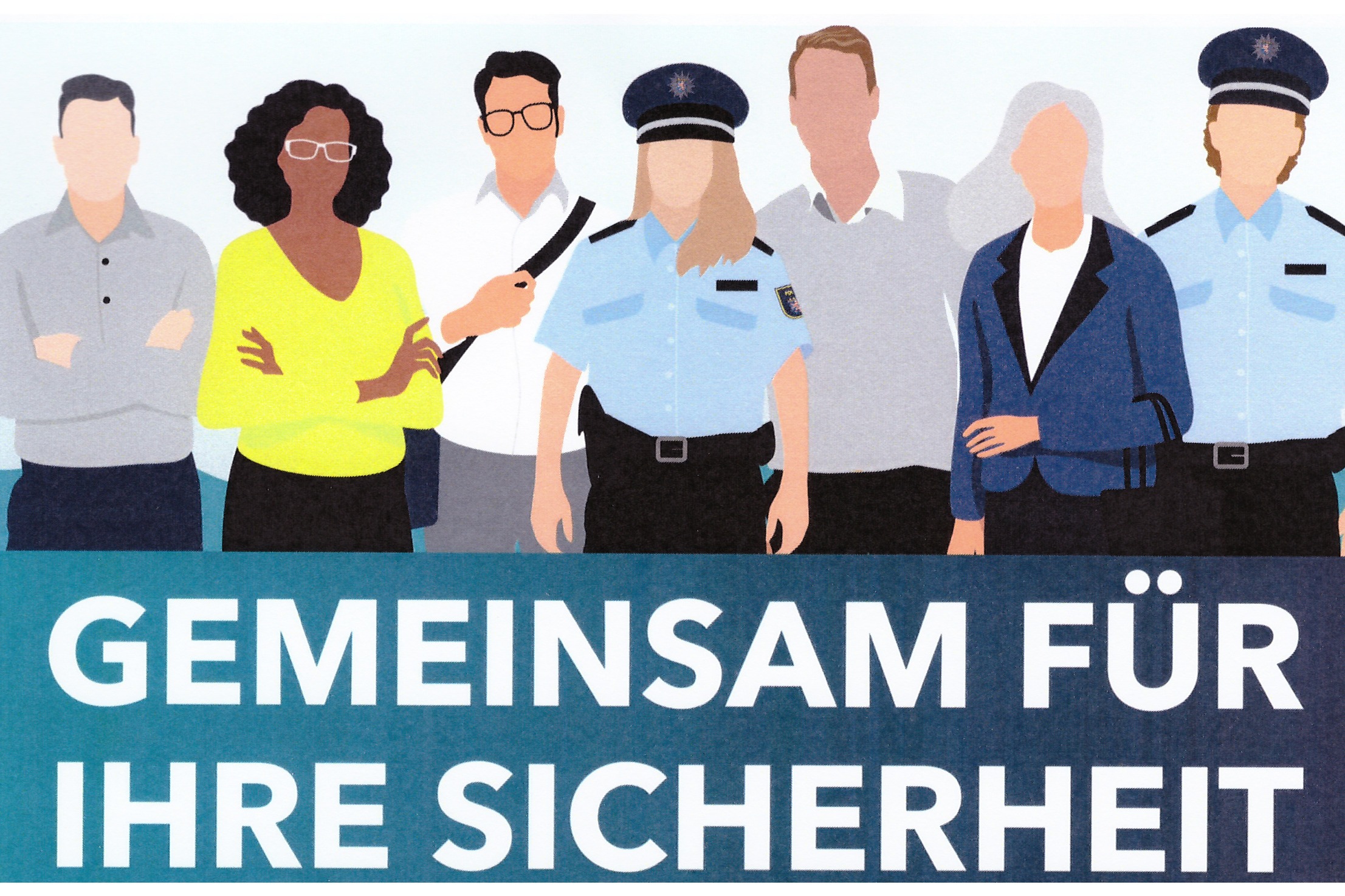 Gemeinsam für Ihre Sicherheit Grafik mit einer Gruppe Menschen unterschiedlichen Geschlechts und Alters; darunter zwei Polizisten