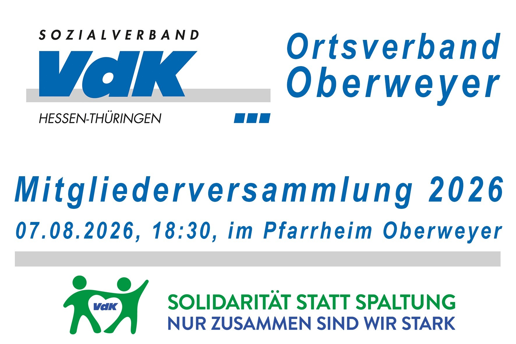 VdK Hessen-Th&uuml;ringen, Ortsverband Oberweyer, Mitgliederversammlung am 7.8.2026; Gemeinsam sind wir stark.