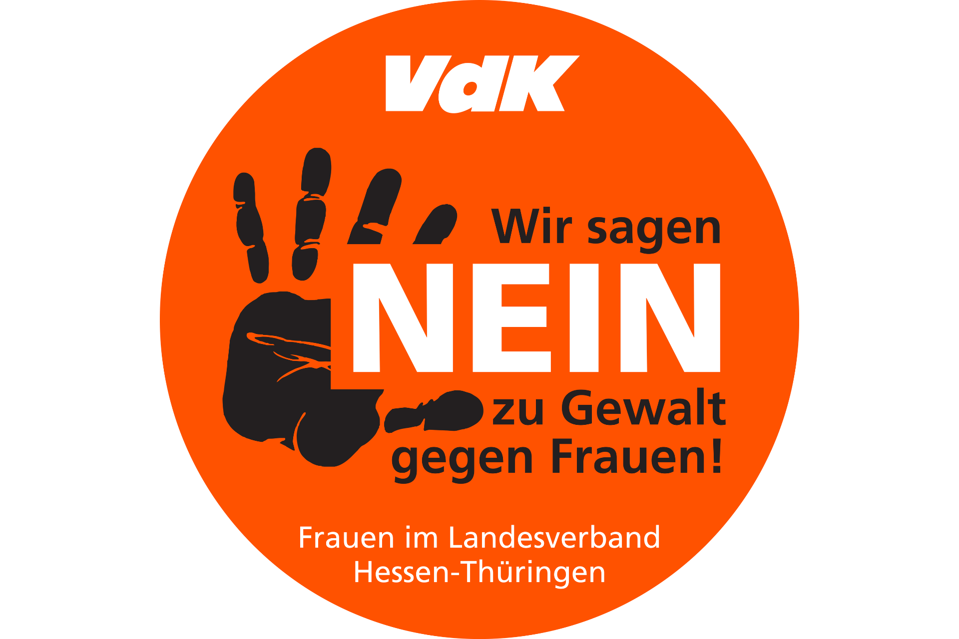 Weiße Schrift auf orangenen Hintergrund: "VdK", darunter in Schawrzer und weißer Schrift:"Wir sagen Nein zu Gewalt gegen Frauen". Darunter in weißer Schrift:"Frauen im Landesverband Hessen - Thüringen". Ein schwarzer Handabdruck links im Hintergrund.