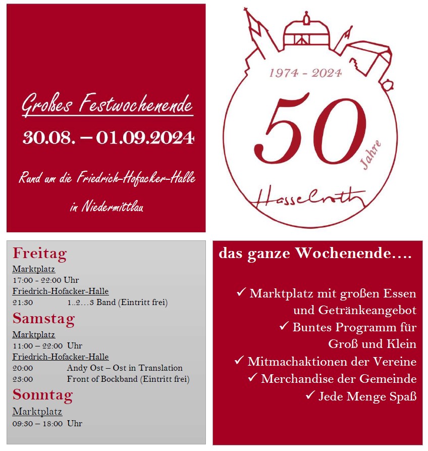 50 Jahre Hasselroth "Großes Festwochenende vom 30.08.-01.09.2024